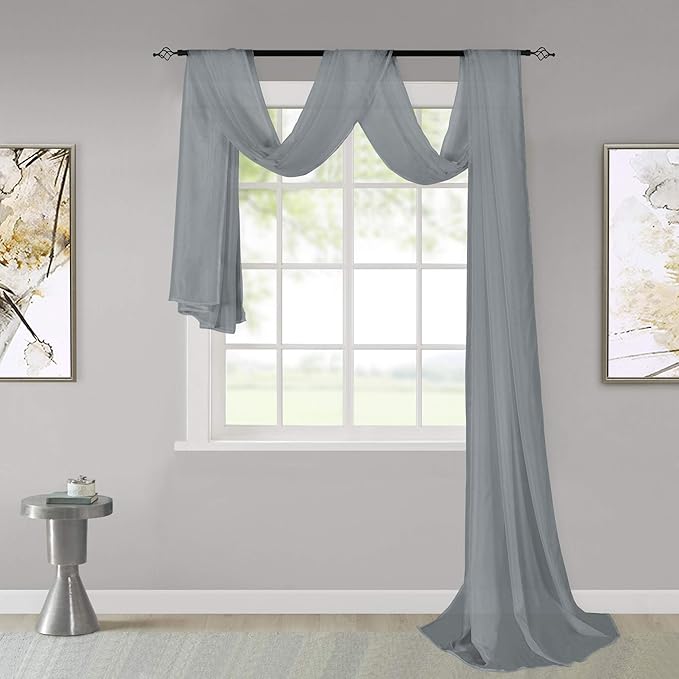 KEQIAOSUOCAI Grey Sheer Window Scarf Valance Sheer Fabric for Draping Curtain Toppers for Wedding Party Girls Room Bed Canopy Scarves 52 Inches Wide by 216 Inches Long Grey