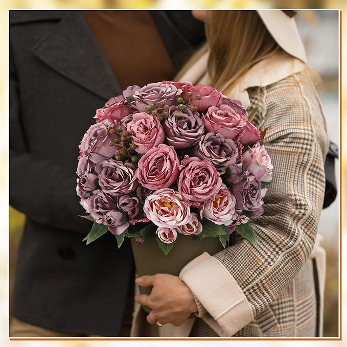 Geosar 16 Bundles Artificial Peonies Flowers Fake Silk Peony Bouquet Faux Peonies Flowers Bulk for Decoration Vase Floral Arrangements Wedding Party Table (Plum Purple)