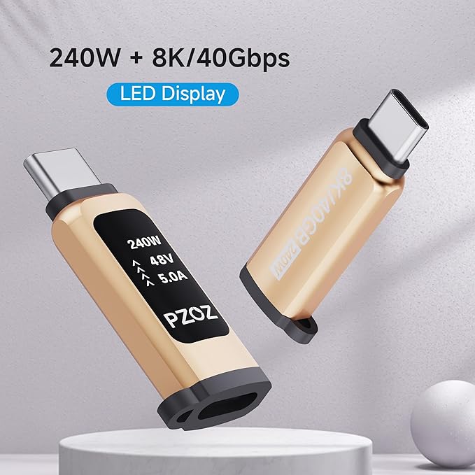 pzoz USB C Extender Adapter, Type C 240W Power Delivery Male to Female, 40Gbps Data Transfer, 8k@60Hz Video with LED Smart Display, Compatible with MacBook, iPad, Thunderbolt 4/3