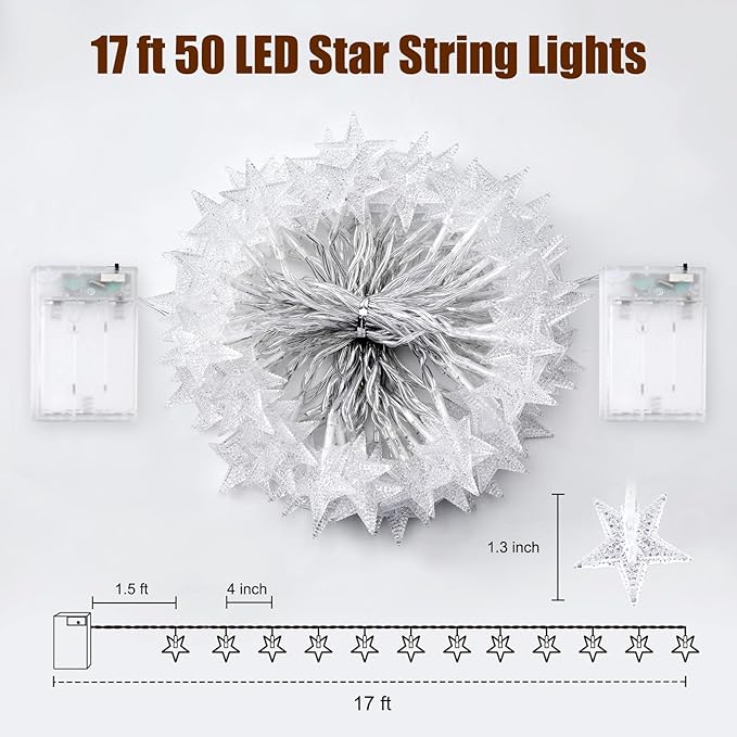 Minetom Star String Lights Battery Operated - 2 Pack 17 ft 50 LED Star Fairy String Lights with Timer, Waterproof for Indoor Bedroom Tent Loft Bed Patio Party Wedding Decor, Warm White