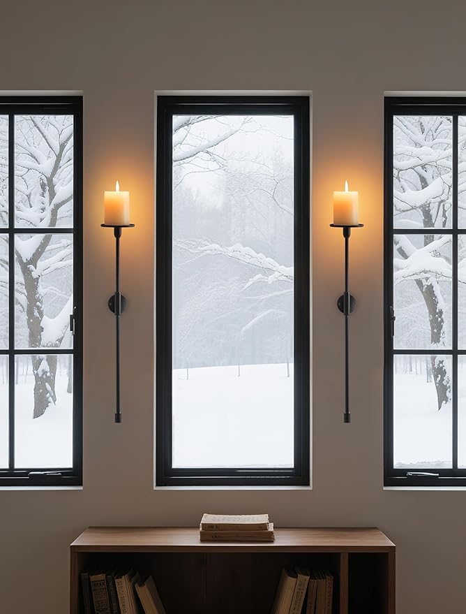 Sziqiqi Wall Candle Holder Black: Metal Candle Sconces for Pillar Candlestick Modern Wall Mount Candleholders Set of 2 - Long Candlestick Sconce Decor for Living Room Bedroom Bathroom Fireplace