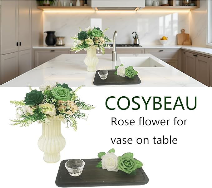 Artificial Fake Flowers 25pcs Roses, Shade of Green Foam Rose Faux Flower for DIY Wedding Bouquets Bridal Shower Centerpieces Floral Arrangements Party Tables Home Decorations