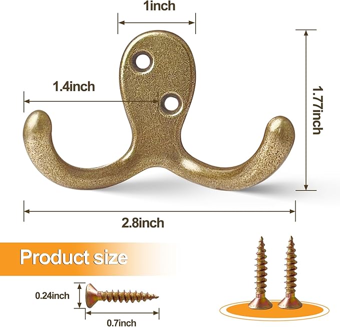 15 Pack Coat Hooks Wall Hooks for Hanging, Heavy Duty Double Prong Metal Hook Wall Mounted for Living Room, Bathroom, Kitchen, Bedroom for Coat, Bag, Scarf, Towel, Hat, Key, Cup (Bronze)