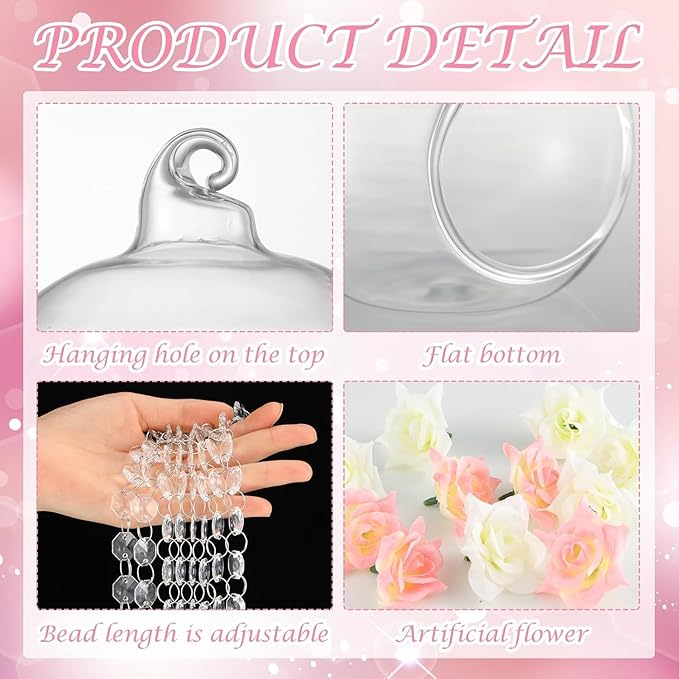 12 Sets Hanging Glass Candle Holder Wedding Glass Globe with Acrylic Gems Bead Garland Tea Light Holder Orbs Container for Flower Plants Micro Landscape DIY Xmas Tree Party Decoration 2.36 Inch