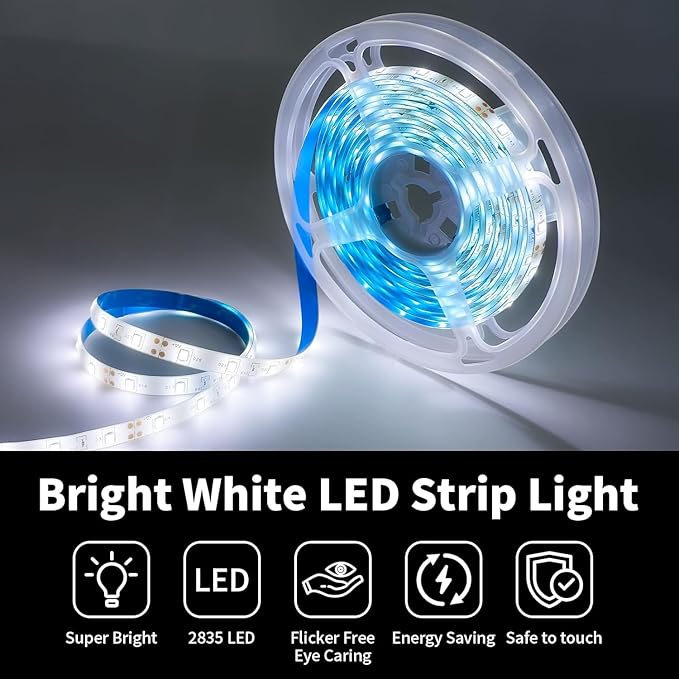 iNextStation White LED Strip Light, 16.4ft 5M 2835 SMD 300 LEDs 12V Flexible Cuttable LED Tape Light for Bedroom Kitchen Cabinet Wardrobe TV (Power Adapter Included)