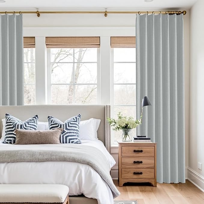 KangBang Linen Pinch Pleated Blackout Curtains, Pleated Drapes with Hooks 84 Inch Long 2 Panels Set, Faux Linen Black Out Curtains for Bedroom Living Room, 42" W x 84" L, Fog Grey