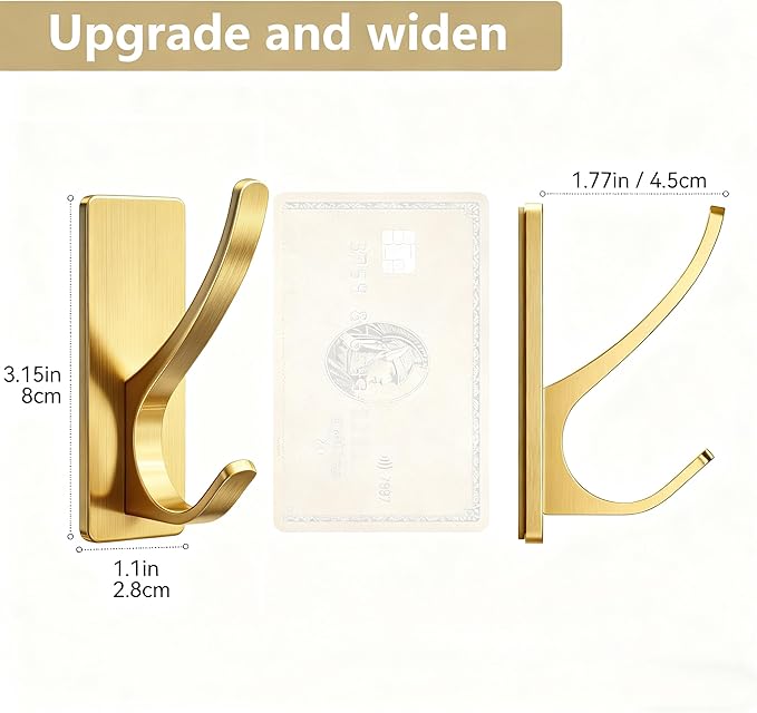 pickpiff Self Adhesive Coat Hooks for Hanging, Heavy Duty Stainless Double Wall Hook for Towel, Backpack, Hat, Sturdy Metal Hanger for Bathroom, Bedroom, Door, Wall Mounted, 4-Pack, Brushed Gold