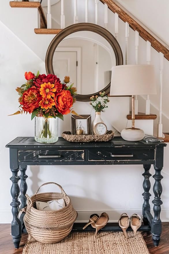 Peony Fake Fall Flowers in Vase Fall Table Centerpiece Faux Floral Arrangements Centerpiece Autumn Artificial Flowers with Vase Fall Flower Centerpieces for Tables Orange Silk Flowers in Vase
