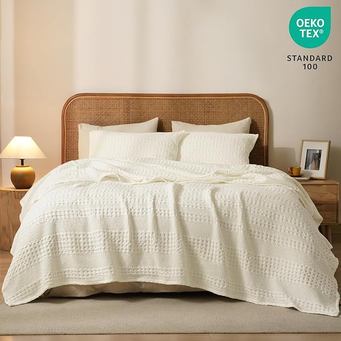 PHF 100% Cotton Waffle Weave Blanket Queen Size for Bed, Soft Lightweight & Breathable, All-Season Comfort, Luxury Aesthetic Woven Bedding for Home Decor, 90"x90", Cannoli Cream