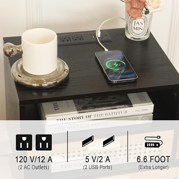 MaxSmeo Mid Century Modern Nightstand with Charging Station, Bedside Tables with Rattan Drawer, Small Wood Nightstand Side Table for Living Room,Bedroom (Black)