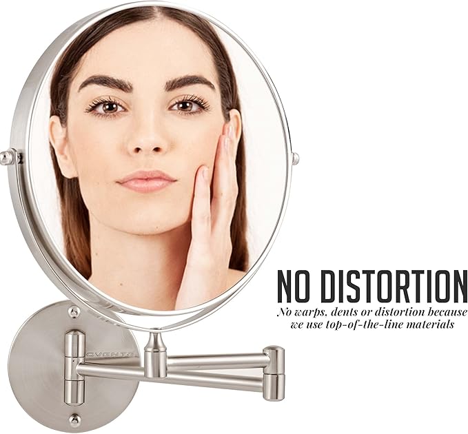 OVENTE 9" Wall Mounted Makeup Mirror with 1X/7X Magnification, Double Sided Magnifying Round Bathroom Vanity Mirror, 360° Swivel Design, Extendable and Folding Arm, Nickel Brushed MNLFW90BR1X7X