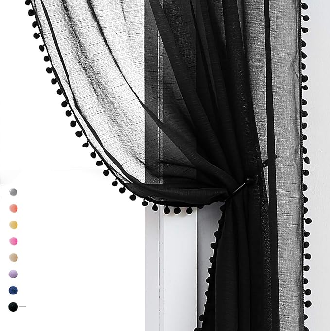 Treatmentex Black Pom Pom Sheer Curtains for Bedroom 63" Linen Texture Decorative Voile Draperies Chic Solid Sheer Curtain Panels for Living Room 52" w 2 Pack