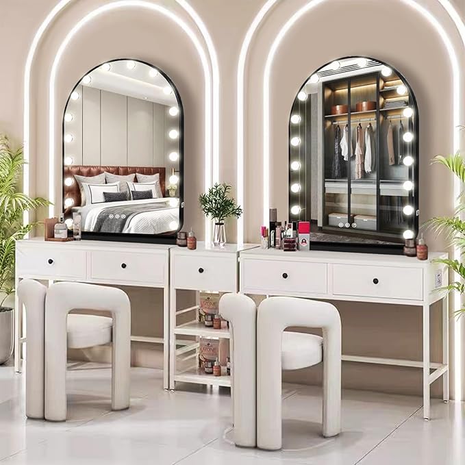 Hollywood Arch Black Vanity Makeup Mirror with Lights 18 Bulbs Dimmable 3Color Black Lighted Vanity Mirror for TableTop Wall Detachable Base X10 Magnifying Arch Makeup Desk Mirror with Lights