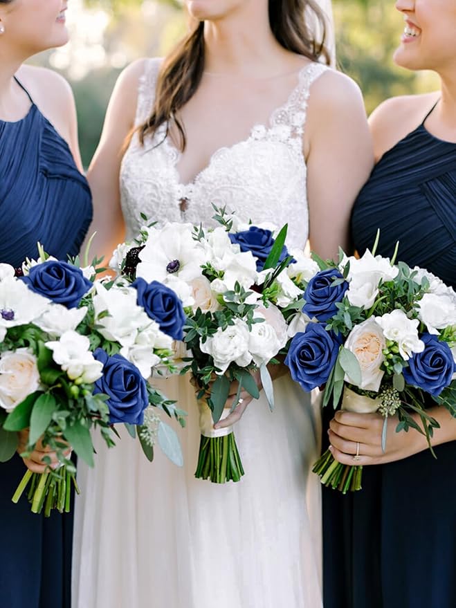 MACTING Artificial Flower Roses 30PCS Real Touch Fake Flowers with Stem Foam Roses for DIY Wedding Bouquets Backdrop Party Bridal Shower Spring Home Mothers Day Decorations(Dark Royal Blue)