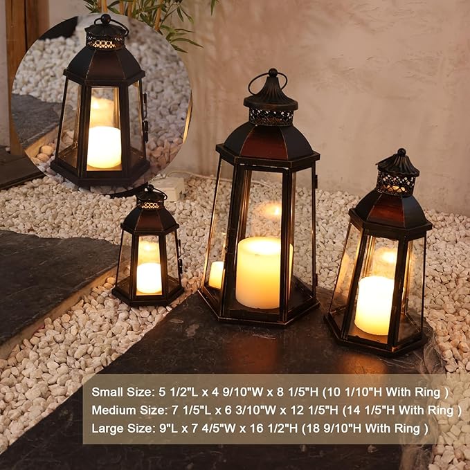 DECORKEY 19’’&16’’&8’’ Lanterns Decorative Outdoor & Indoor, Large Lantern for Front Porch, Metal Frame Candle Holders with Glass, Vintage Patio, Pathway, Balcony, Garden, Yard Decor