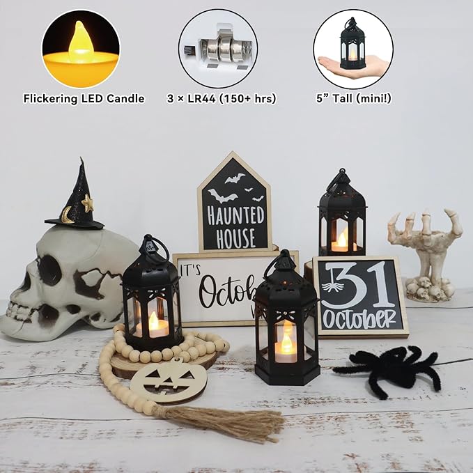LLQ 12Pcs Mini Lanterns with Small LED Candle, Ramadan Lanterns Decorative Indoor, Vintage Black Lantern for Ramadan EID Decorations Halloween Christmas Wedding Table Centerpiece, Battery Included