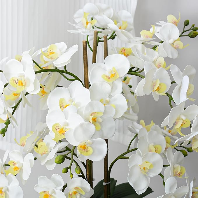 Ziwon Artificial Orchid Flowers & Plants Potted in Ceramic Pot, White Faux Phalaenopsis Orchids for Table Centerpiece, Realistic Fake Flower Arrangement for Home Office Decor Indoor