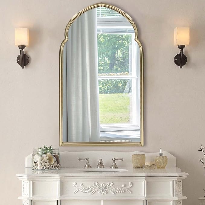 ironsmithn Arched Wall Mirror, Gold Bathroom Mirror, Wall Mounted Decorative Mirror, 38" x 22" Modern Art Oblong Mirror for Master Bath Half Bath Living Room Bedroom Fireplace Entryway