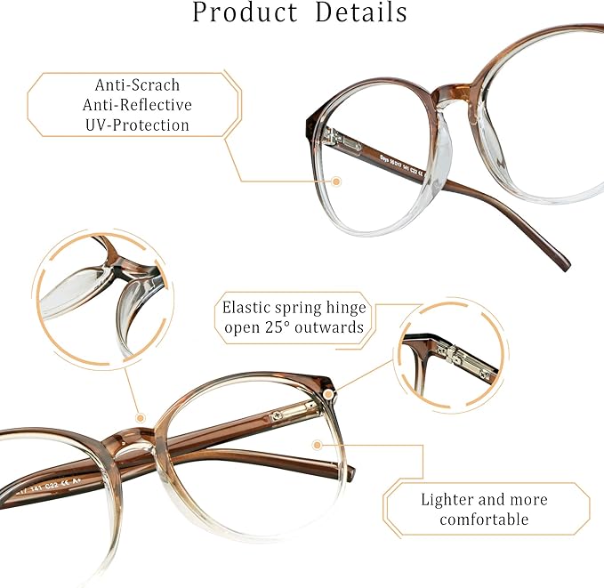 LifeArt Round Blue Light Blocking Glasses, Computer Glasses, Gaming Glasses, TV Glasses for Women Men (Clear Brown, 1.25 Magnification)