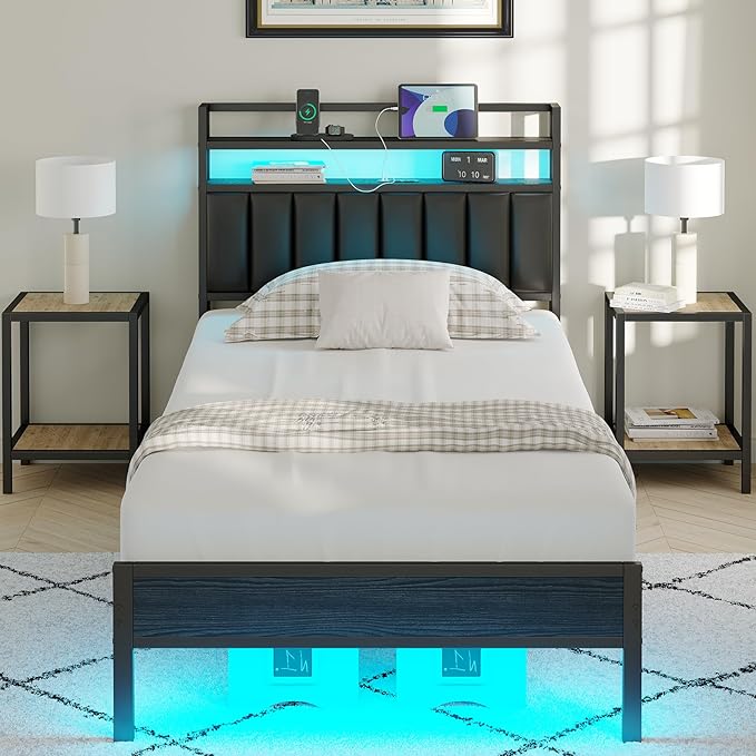 Twin Size Bed Frame with Charging Station and LED Lights, Metal Bed Frame with Headboard, Black Upholstered Headboard with 2-Tier Storage Shelves, Noise Free, No Box Spring Needed, Black