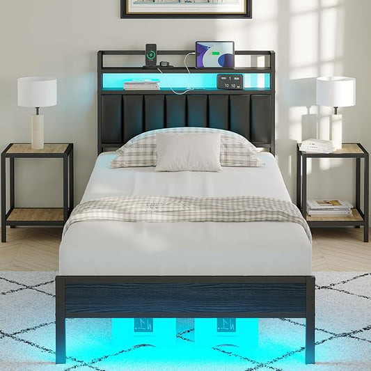 Twin Size Bed Frame with Charging Station and LED Lights, Metal Bed Frame with Headboard, Black Upholstered Headboard with 2-Tier Storage Shelves, Noise Free, No Box Spring Needed, Black