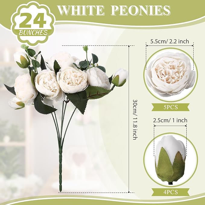 Hoteam 24 Bundles Artificial Peonies Flowers Wedding Faux Flowers Silk Peony Bouquet Bulk Bride Fake Florals Arrangements for Table Centerpieces Wedding Party Vase Decor (White)