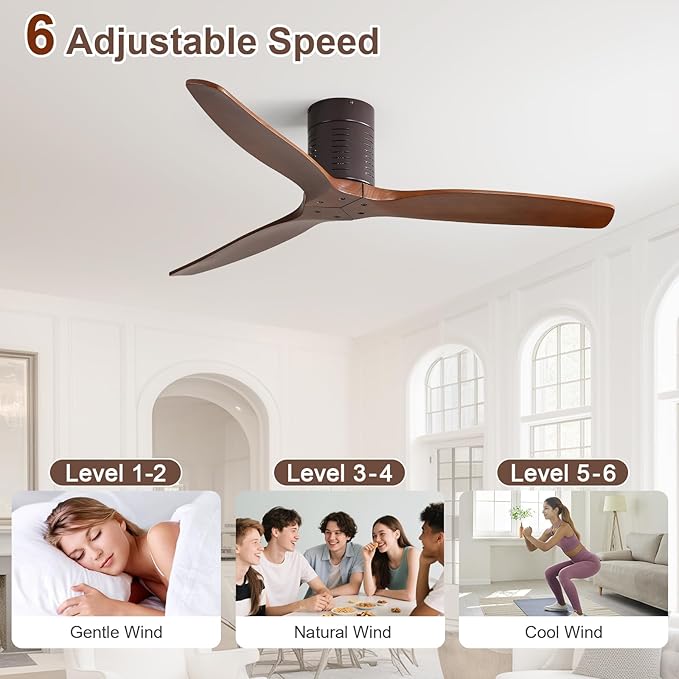 Sofucor 52 Inch Ceiling Fan No Light, Solid Wood Indoor/Outdoor Ceiling Fans Without Lights, Reversible DC Motor, 6 Speed, Flush Mount Ceiling Fans for Bedroom Living Room Farmhouse Patio