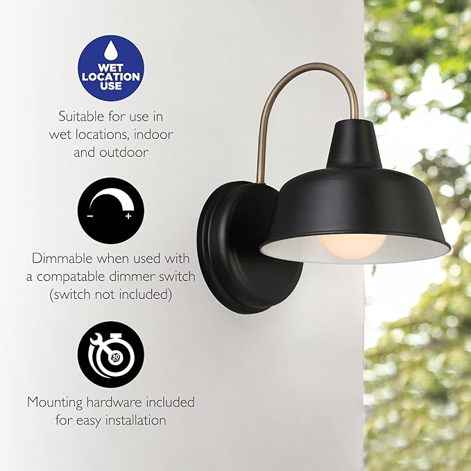 Design House Mason Barn Light Indoor/Outdoor Wall Mount Modern Industrial Farmhouse Wall Light for Patio, Garage, Bathroom, Office, Kitchen, 8-Inch, Matte Black and Gold, 588285