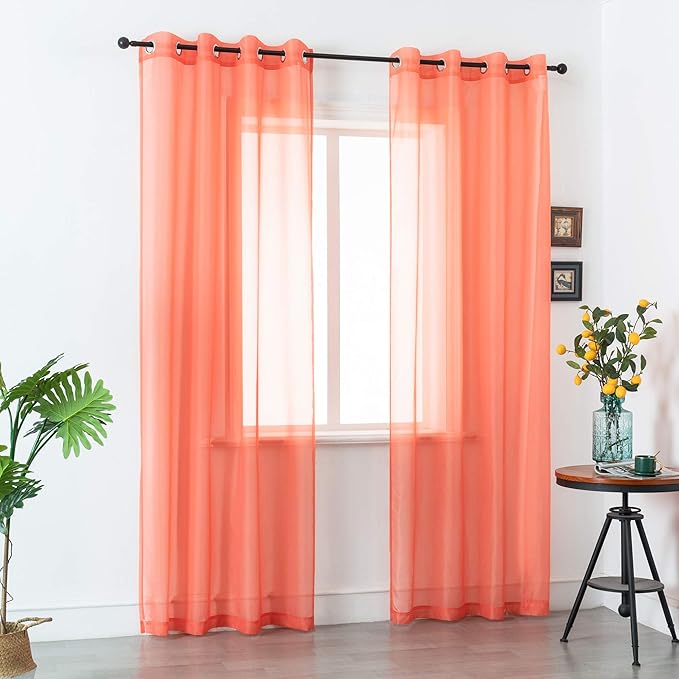 DUALIFE Coral Curtains 108 Inches Extra Length for Living Room Set of 2 Pieces Grommet Look Semi Sheer Transparent Curtains for Bedroom 52x108 Inch Long (Orange Coral)