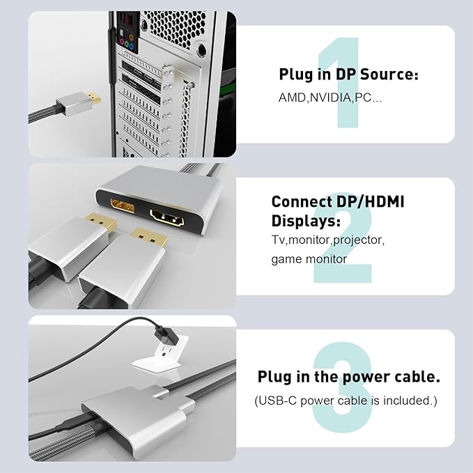 DisplayPort to HDMI and DisplayPort Adapter, 4K 60Hz DP Splitter Extended Display Adapter, Display Port Splitter 1 in 2 Out MST Hub for PC NVIDIA, AMD