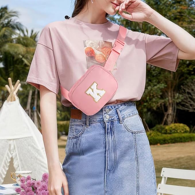 YOOLIFE Gifts for Girls Teen Girls - 5 6 7 8 9 10 11 12 13 14 15 16 Year Old Girls Birthday Gifts for Teen Girls, Gifts for Daughter Sister Friends, Pink Initial Crossbody Bag Belt Bag A