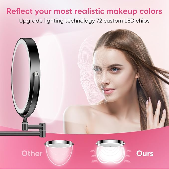 FASCINATE Rechargeable Wall Mounted Makeup Mirror with Lights and Magnification, 8 Inch Double Sided 1X 10X Magnifying Bathroom Mirror with 3 Color Lights & 360° Rotation Vanity Mirror - Black