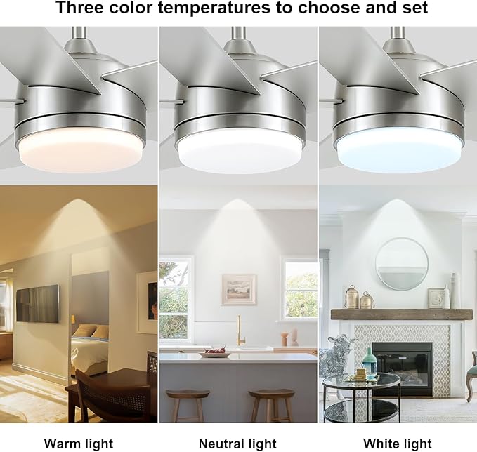 YUHAO 44 Inch Brushed Nickel Ceiling Fan with Light and Remote Control.Noiseless,Dimmable,3CCT,6 Speeds Reversible, DC Ceiling Fans for Indoor or Covered Outdoor