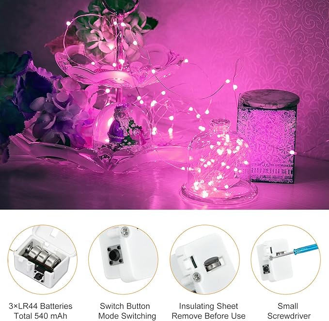 btfarm 12 Pack Fairy Lights Battery Operated [3 Modes], 7ft 20 Led Pink Twinkle String Lights Waterproof, Bulk Small Mini Christmas Valentine's Day Light for Mason Jars Vases Wedding Table