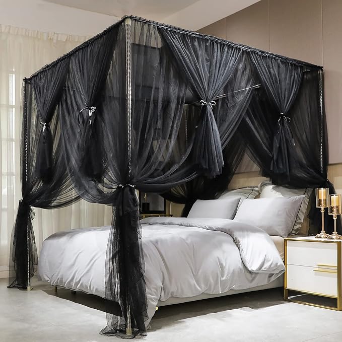 Joyreap 4 Corners Post Canopy Bed Curtain Black- Queen Size Royal Luxurious Cozy Drapes Netting- Elegant Bedroom Decoration Accessories for Adults
