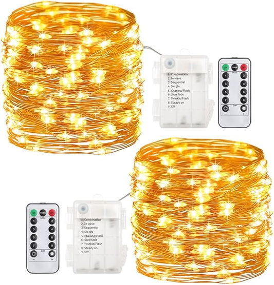 GDEALER 2 Pack 20 Feet 60 Led Fairy Lights Battery Operated with Remote Control Timer, 8 Modes Waterproof Copper Wire Twinkle String Lights Christmas Lights for Bedroom Party Indoor- Warm White