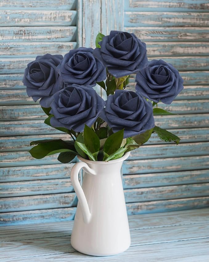 JOYLEX Artificial Flowers Realistic Roses, Real Looking Fake Roses with Stem for DIY Wedding Bouquets Centerpieces Bridal Shower Party Home Romantic Decorations (Navy Blue, Regular 3" - 200pcs)