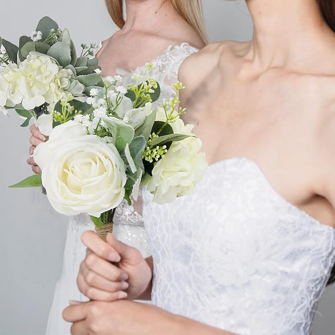 SEMONONIA Wedding Bridesmaid Bouquet Flower 1 Pack - Ivory White Artificial Flowers Bouquet Rustic Small Floral Centerpieces for Marriage Proposal Party Anniversary Dining Table Decorations -7inch