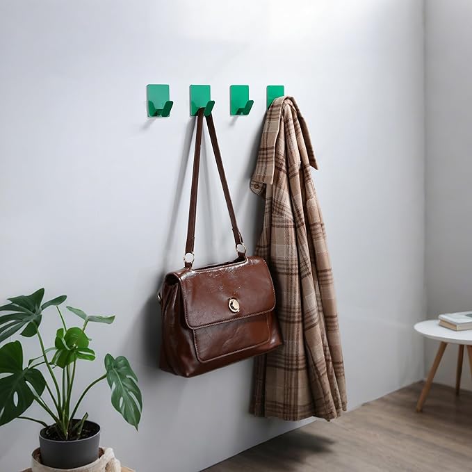 DELITON 4 Pack Colorful Hanging Hooks - Adhesive Green Cute Kids Wall Hooks for Hanging Towels, Robe, Coat, Decor Bathroom Organizer