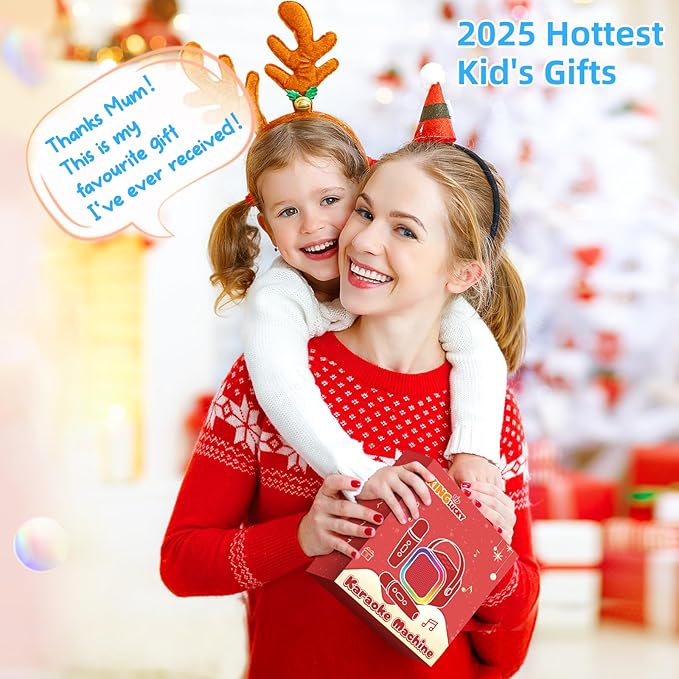 Kinglucky Mini Karaoke Machine for Kids, 2025 TOP Birthday Gifts Ideas for 3-12 Year Old Girls, Christmas Party Gifts Kids' Personal Video Players Accessories with 2 Wireless Microphones - Gold Blue