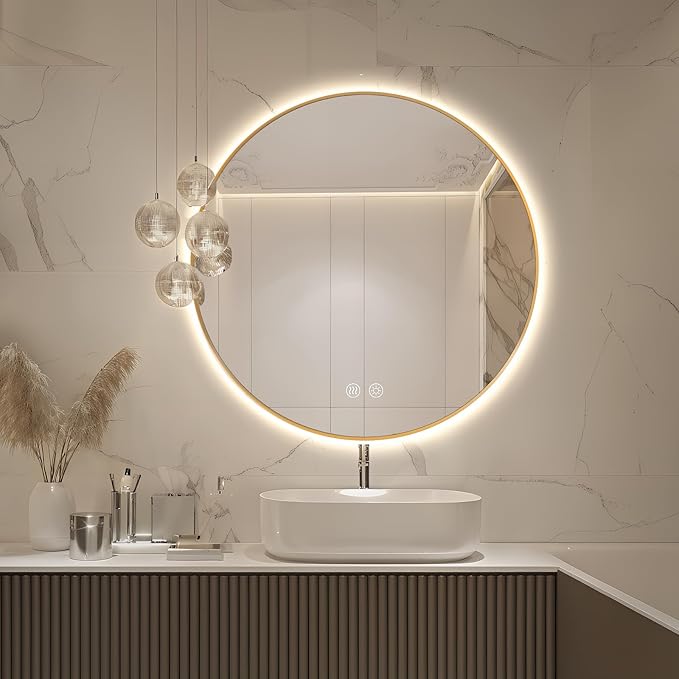 Niccy Round Led Mirror for Bathroom, 32" Backlit Mirror for Wall Circle Lighted Mirror with Gold Frame Anti-Fog, 3 Colors, HD Glass and IP65 Waterproof