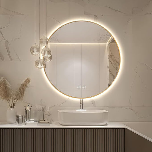 Niccy Round Led Mirror for Bathroom, 32" Backlit Mirror for Wall Circle Lighted Mirror with Gold Frame Anti-Fog, 3 Colors, HD Glass and IP65 Waterproof