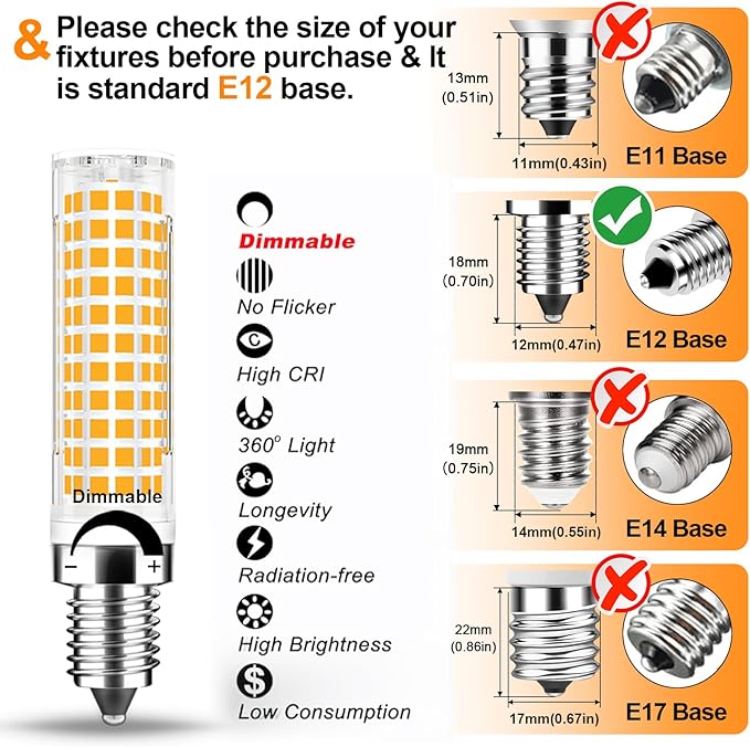 TAIYALOO Dimmable E12 LED Candelabra Bulb 100W Equivalent, Warm White 3000K, 1000 Lumen T6 E12 10W LED Chandelier Light Bulbs for Ceiling Fan Pendant Lighting Salt Lamp, 6 Pack