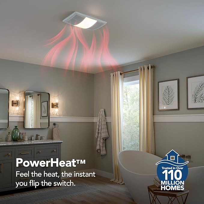 Broan-NuTone Bathroom Exhaust Fan with Heater Quiet 1.5 Sones, 80 CFM and 3-Level CCT Lighting, Powerful Ventilation and Warm Comfort for Any Bathroom