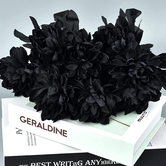 Artflower 10 Pack Artificial Silk Dahlia Bouquet with Long Stem, 16” Black Fake Flower Floral Arrangements Wedding Bridal Bouquet for Halloween Harvest Festival Table Centerpieces Home Decor