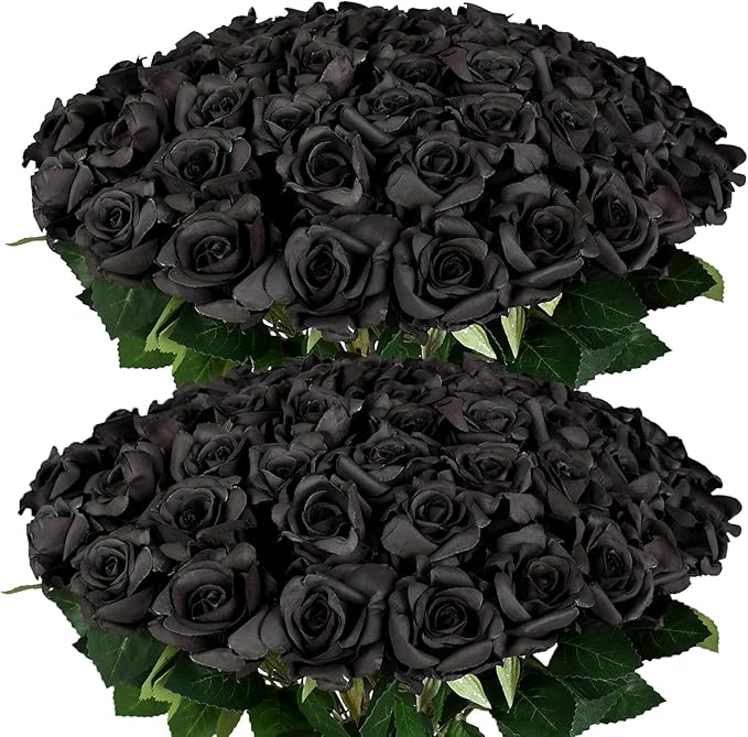 FOTEEWL 60 Pcs Artificial Rose Flower Realistic Faux Silk Roses Stem Fake Roses Bouquet for Flower Arrangement,Wedding Centerpieces,Party,Home Decor,Halloween Decorations (Black)