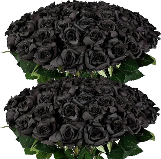 FOTEEWL 60 Pcs Artificial Rose Flower Realistic Faux Silk Roses Stem Fake Roses Bouquet for Flower Arrangement,Wedding Centerpieces,Party,Home Decor,Halloween Decorations (Black)