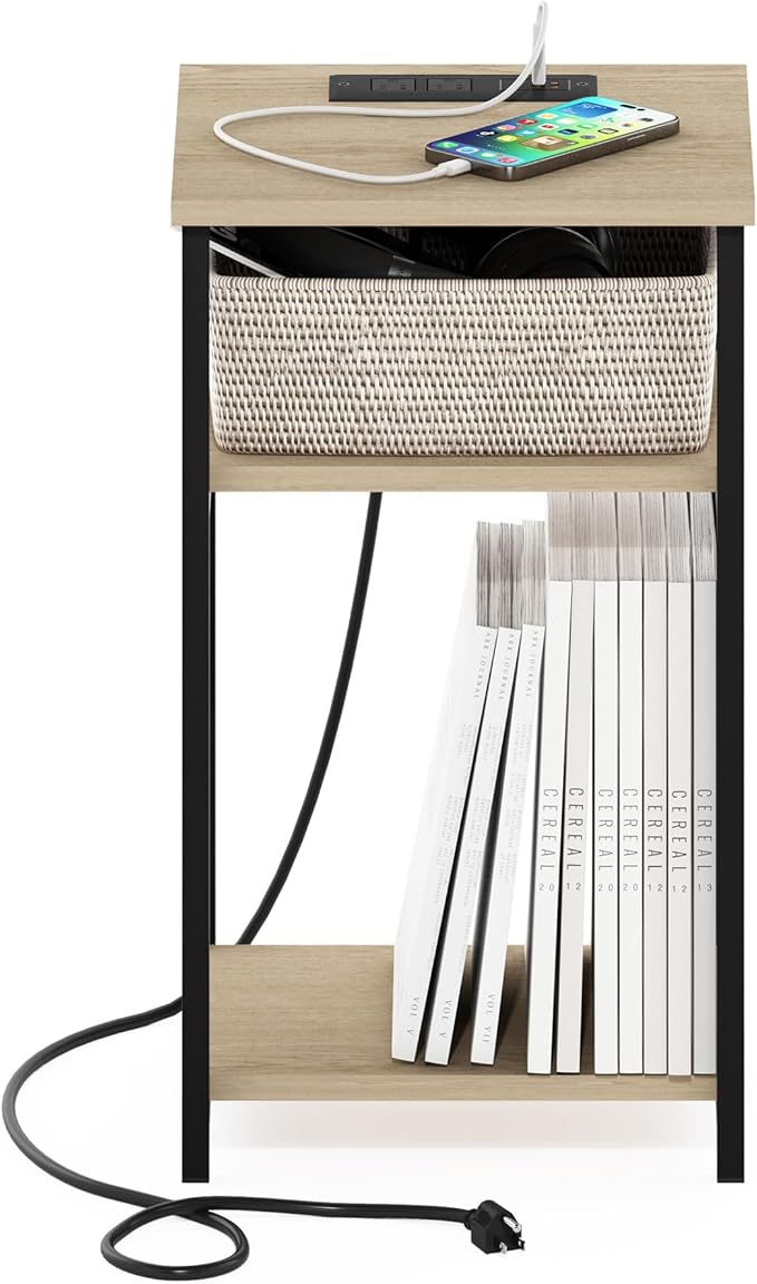 Furinno Moretti Side Table, 3-Tier End Table with Charging Station, Metal Frame Night Stand, Bedside Table with USB and Type-C Charging Port, for Living Room, Bedroom, Bauhaus Oak