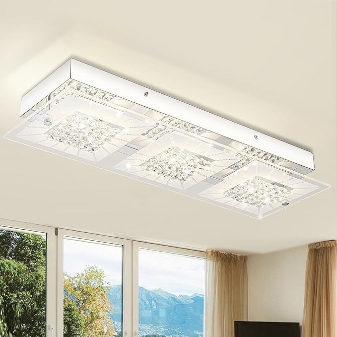 Crystal Flush Mount Ceiling Light Long Kitchen Lighting Fixtures Ceiling Rectangular Crystal Ceiling Light Fixture for Entryway, Foyer, Hallway, Bathroom, Brush Nickle 18 Inch, 18W Dimmable