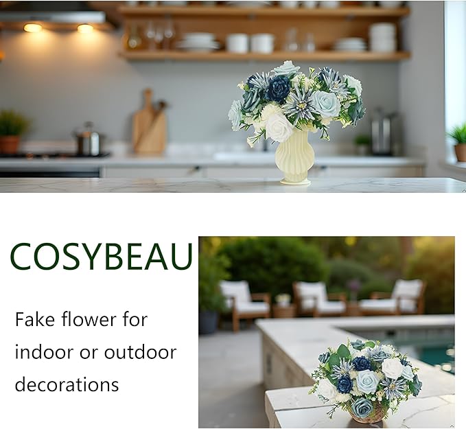 Artificial Flowers Fake Roses, Faux Plant with Stems for DIY Wedding Bouquets Bridal Shower Centerpieces Arrangements Party Tables Decorations (23, Mix Shades of Blue)